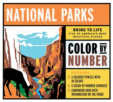 National Parks Color by Number Kit: Bring to Life Five of America's Most Beautiful Places – Includes: 5 Colored Pencils with 10 Colors, 5 Color-by-Number Canvases, Companion Book with Information on the Parks (Kit) Reduced Price